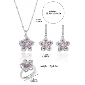 Detail view of rotating zircon flower jewelry set showing size measurements and silver finish