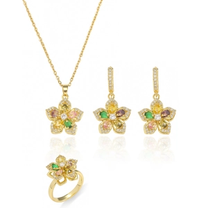 Elegante conjunto de joyas florales doradas con collar, pendientes y anillo de circonia