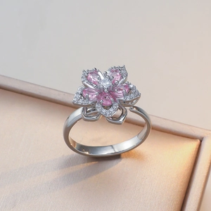 Elegant double-layered pink zircon flower necklace pendant in polished silver steel