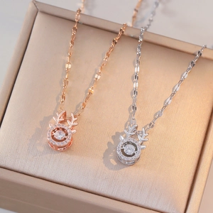 Reindeer Elk Horn Pendant Necklace Stainless Steel Floating Zirconia Heartbeat Chain Christmas Jewelry For Women Rose Gold Silver