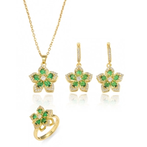 Parure de bijoux dorés avec pendentif fleur vert émeraude, collier, boucles et bague