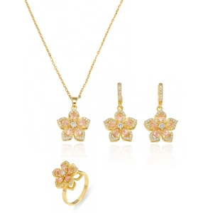 Parure de bijoux fleur dorée avec pierres roses incluant collier boucles et bague