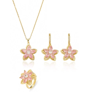 Schmuckset mit rotierender rosa Zirkonia-Blume, Halskette und Ohrringen in Gold