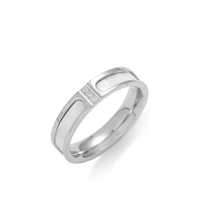 Polished silver titanium steel ring with three inlaid diamonds and shell-style accents