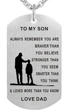 Collier plaque militaire en acier brossé avec silhouette père et fils et texte d'inspiration