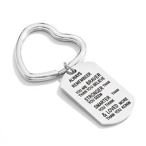 Polished heart-shaped keychain with rectangular military tag featuring inspirational quote
