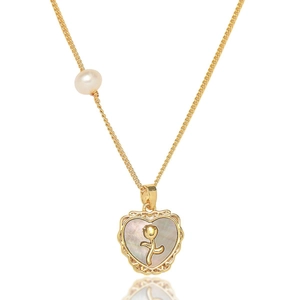 Golden heart necklace with mother of pearl inlay, rose detail and a side pearl accent