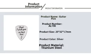 Macro detail of Dad I Pick You As Best Dad stainless steel guitar pick with music notes