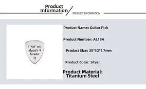 Detailed view of silver guitar pick with engraved lettering and technical dimensions