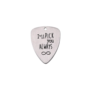 Macro shot of brushed stainless steel guitar pick pendant with I'll PICK YOU ALWAYS engraving