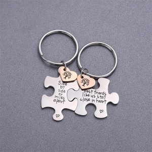 Tree of Life puzzle keychain set with rose gold heart pendants and engraved friendship quotes
