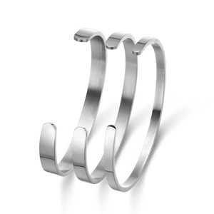Three-piece minimalist C-shaped brushed stainless steel cuff bangle set for women in silver
