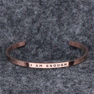 Polished rose gold stainless steel C-shaped cuff bracelet with I AM ENOUGH engraving