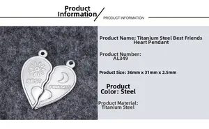 Detail of stainless steel Best Friends heart puzzle pendant with sun and moon engraving