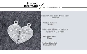 Détail du pendentif cœur brisé Cupidon en acier titane argent avec gravure espagnole