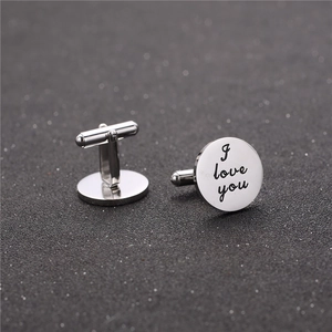 Boutons de manchette ronds en acier argenté poli avec gravure I love you pour homme