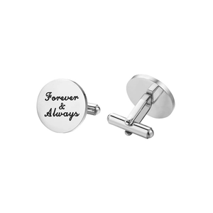 Custom silver round stainless steel cufflinks featuring Forever and Always engraving