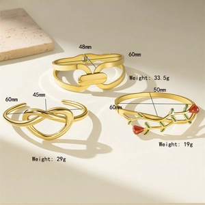 Three-piece gold heart knot and rose enamel stainless steel bangle set with size details