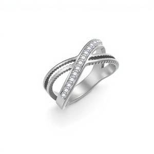 Gekruiste roestvrijstalen ring met witte zirkonia en golvende textuurdetails