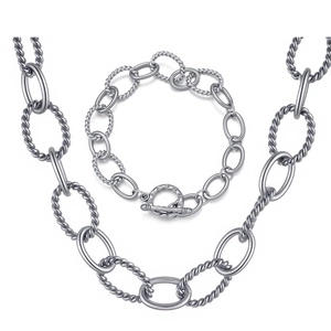 Conjunto de collar y pulsera de acero inoxidable con eslabones retorcidos y cierre de T