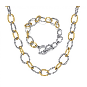 Conjunto de Collar y Pulsera de Acero Inoxidable con Cadena de Cuerda Trenzada Bicolor Oro Plata Joyería Regalo
