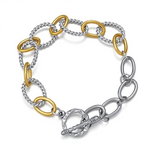 Pulsera de cadena bicolor de acero inoxidable con cierre de barra en T martillado