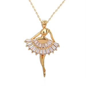 Gold Silver Plated Copper Ballet Dancer Pendant Necklace For Kids Women Baguette Zirconia Dancing Girl Jewelry Gift