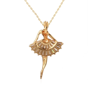 Elegant gold plated ballet dancer necklace with iridescent white stone inlay on white background