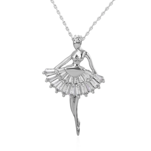Elegant gold plated dancing ballerina necklace with rectangular cubic zirconia stones