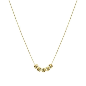 Collana minimalista dorata con cinque perle incise a spirale su una catena sottile