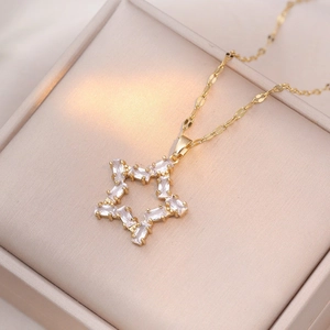 Stern Anhänger Halskette Glänzend Zirkon Edelstahl Hohl Pentagramm Mode Schmuck Für Frauen