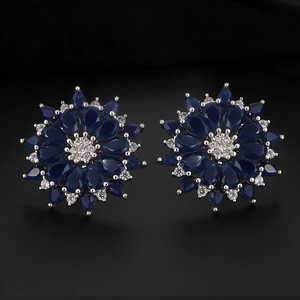 Elegant floral stud earrings with blue pear-cut sapphires and micro-pave white zircon stones