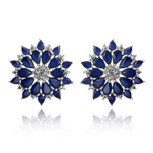 Vintage Gold Plated Copper Flower Stud Earrings With Blue Zircon Artificial Sapphire Rhinestone For Women Wedding Party Jewelry