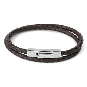Pulsera de cuero trenzado de doble capa con un cierre magnético de metal plateado pulido