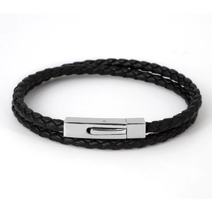 Pulsera de cuero negro trenzado de doble capa con cierre magnético de plata pulida