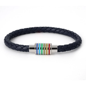 Dunkelblaues geflochtenes Lederarmband mit Regenbogen-Edelstahl-Magnetverschluss