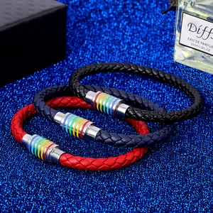 Geflochtene Lederarmbänder Set in Rot, Blau und Schwarz mit Regenbogen-Magnetverschluss