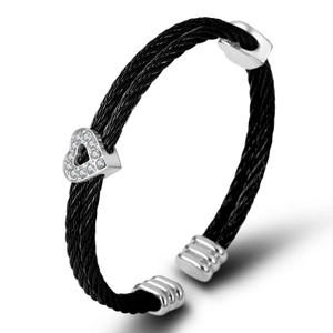 Double-layer heart charm bangle in black steel wire rope with sparkling zircons