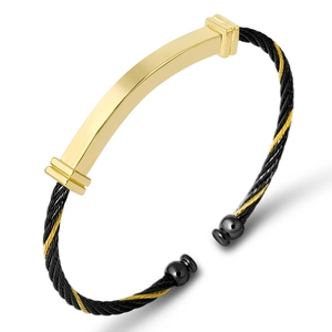 Moderno bracciale rigido aperto bicolore in acciaio inossidabile con cavo intrecciato