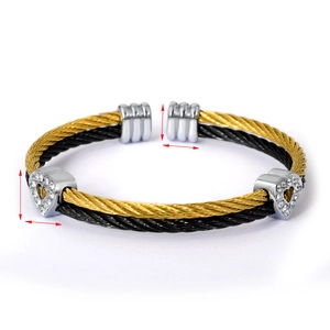 Detailed view of bicolor cable bracelet showing exact heart charm dimensions and specs