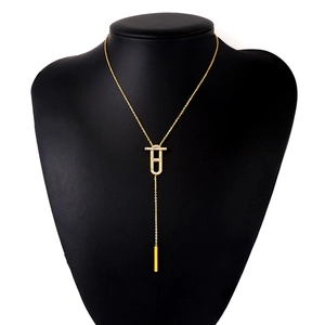 Elegant gold-plated stainless steel Y-necklace with diamond H pendant and vertical bar