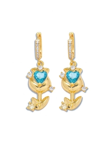 Elegant gold tulip drop earrings with heart blue crystal and sparkling zircon accents