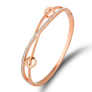 Rose gold stainless steel double-layer bangle with roman numerals and pavé cubic zirconia