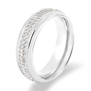 Anillo minimalista de acero inoxidable plateado con doble fila de circonitas y bordes