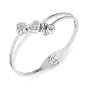 Bracciale rigido a doppia fascia in acciaio al titanio con cuori e zirconi per donna