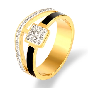 Golden double-layered crossover ring with zircon square and black enamel accents