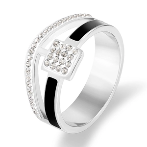 Modern stainless steel ring with black enamel, single row zircons and square diamond setting