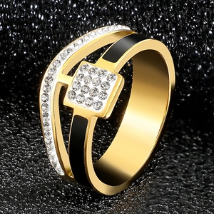 Golden stainless steel ring with black enamel and zircon square inlay design