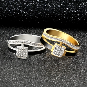 Modern gold and silver stainless steel rings with square zircons and black enamel