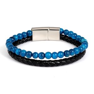 Detail of blue tiger eye beads and black braided leather strap with magnetic steel clasp